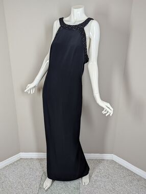 Vintage Oleg Cassini Black Tie Gown Low Back Beaded Evening Dress Sleek Column